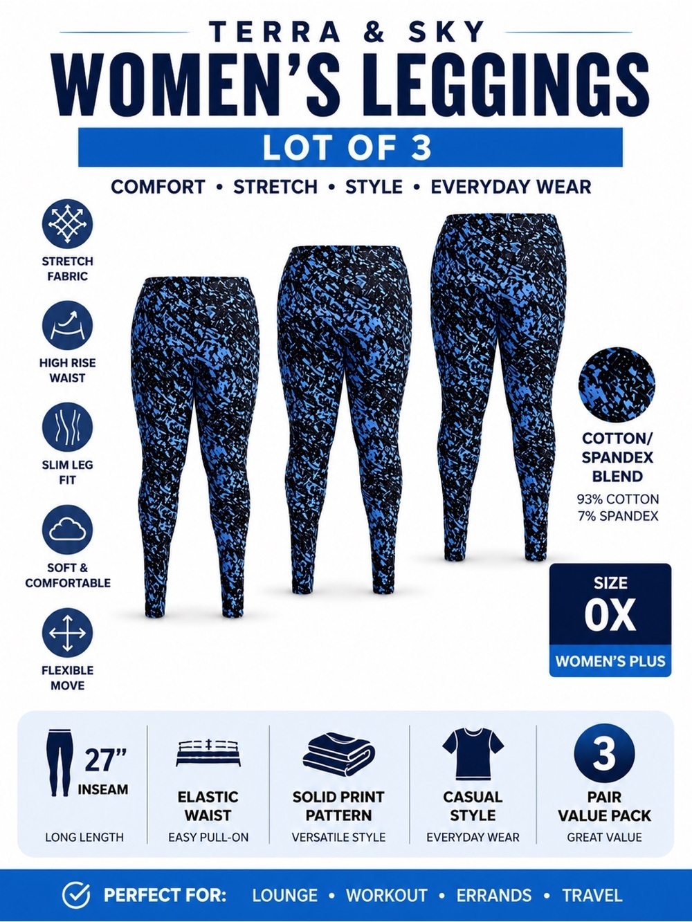 Terra & Sky High-Rise Ankle Leggings Plus 0X 14W Blue Snake Print New Lot of 3 - Picture 2 of 13